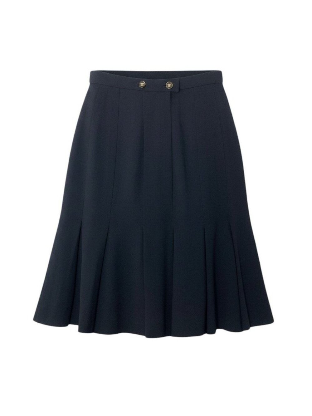 Chanel Boutique Pleated Skirt Knee Length CC Logo Button Navy Wool